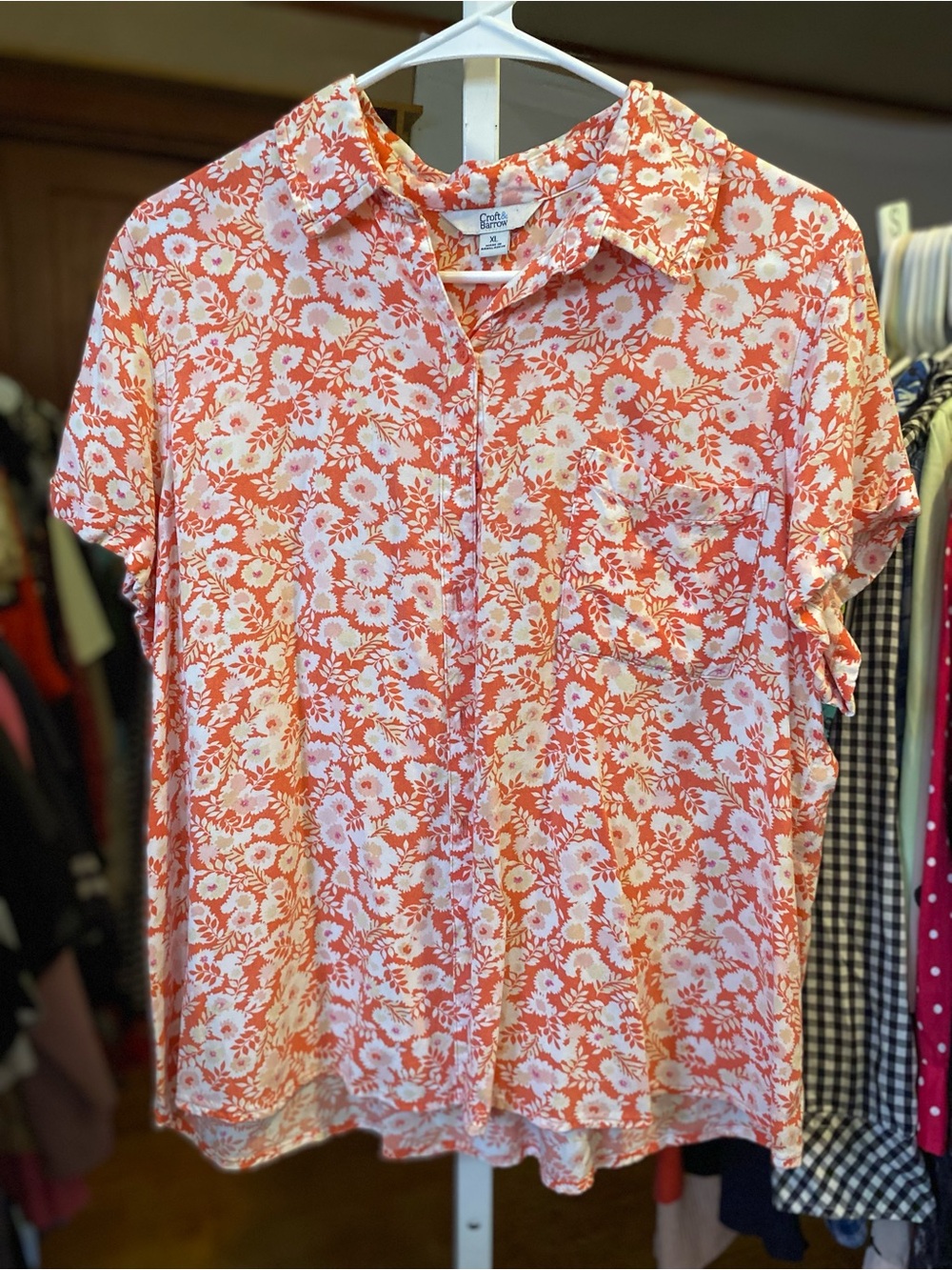 croft & barrow Coral and White Floral Short-Sleeve Button-Down Shirt